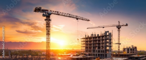 The construction site with cranes silhouetted against a vibrant sunset sky.