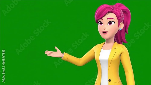 Animated Female Character Presenting on Green Screen Background.