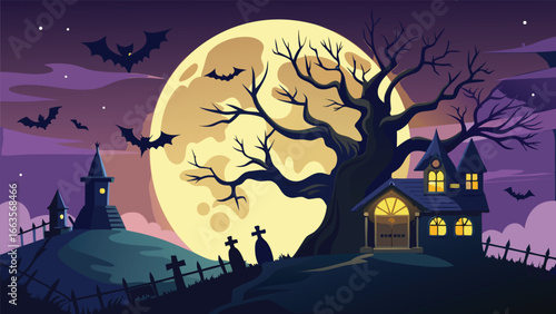 Spooky halloween night scene with a giant full moon and silhouetted elements