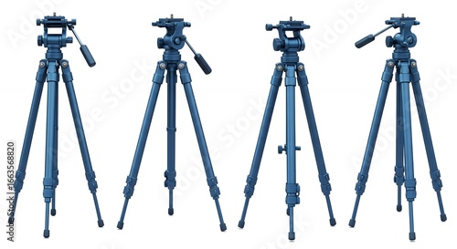 Multiple gray tripods isolated against white background