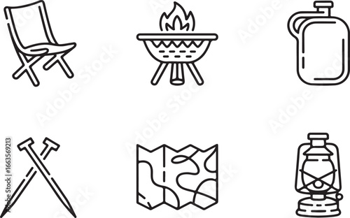 Camping icons set featuring chair grill canteen tent stakes map and lantern isolated on white background