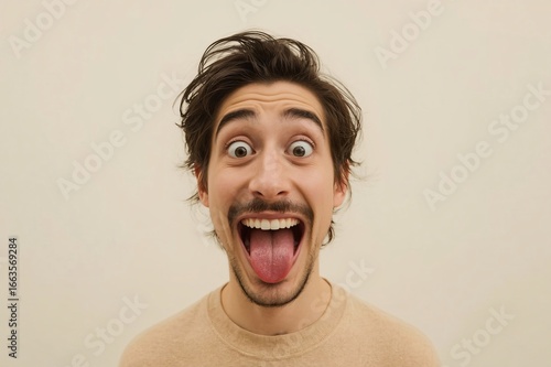 Man's surprised face, tongue out, studio, beige background, website