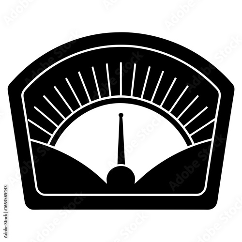 Black and white illustration of a weighing scale with a dial and needle weight measurement
