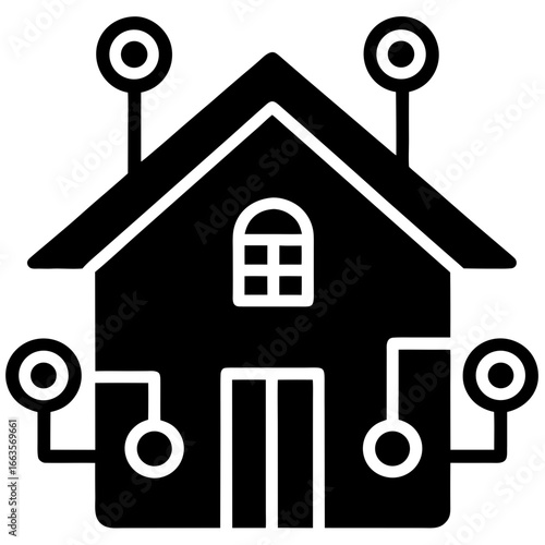 Black Silhouette Icon Of A Smart Home With Connected Nodes And Wi- Fi Symbol technology house