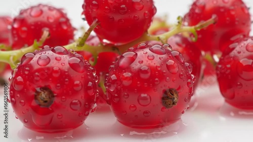 Close-up of red currants covered in water droplets on a white surface