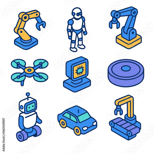 Isometric icons of robots, drones, computers, cars, and robotic arms.