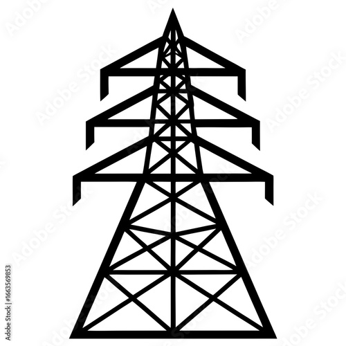 Black Silhouette of a High Voltage Electricity Pylon on White Background power line tower transmission tower