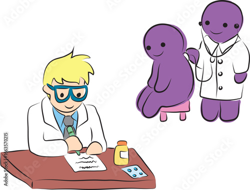 Doctor in glasses writes out a prescription for medicine and funny little people doctor listens to the patient through a stethoscope, hand drawn with a black brush in curved lines