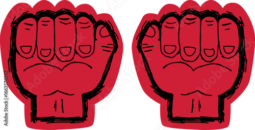 Two red male fists raised up, a symbol of resistance, rebellion and protest, black lines outline, grunge sketch style
