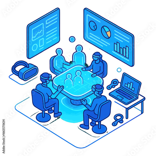 Isometric illustration of a business team collaborating in a virtual reality meeting with holographic data screens and charts.