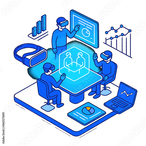 Isometric illustration of a business team in a virtual reality meeting, interacting with holographic data screens and charts.