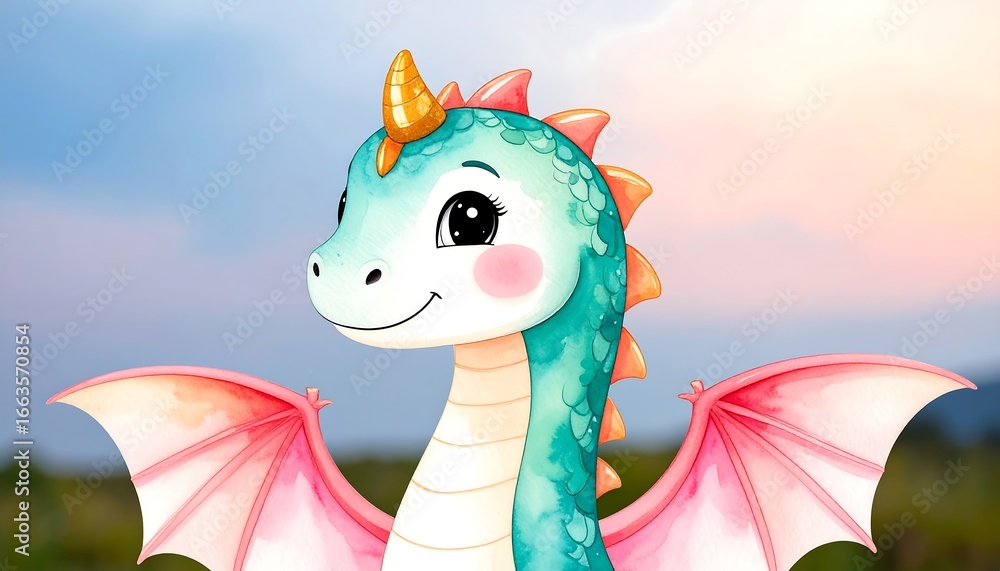 Fototapeta premium A charming, whimsical dragon with vibrant teal and pink hues, showcasing watercolor-like textures and a cheerful expression, is depicted against a pastel sky.