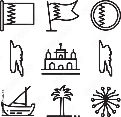 Bahrain Flag Variations Line Art Collection with Map, Fort, Palm Tree, Traditional Boat, and Emblem Icons