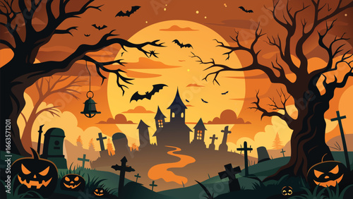 Spooky halloween scene unfolding under a vibrant orange sky with classic fonts