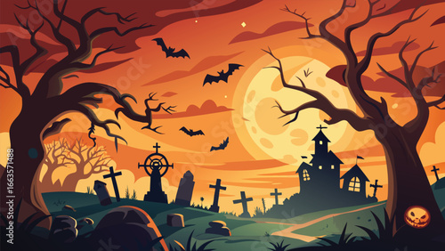 Spooky halloween night scene with orange glow and silhouetted elements under a full moon