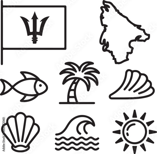 Barbados National Symbols Outline Icons Set Flag, Map, Broken Trident, Flying Fish, Palm Tree, Shell, Waves, and Island Culture Vector Pack