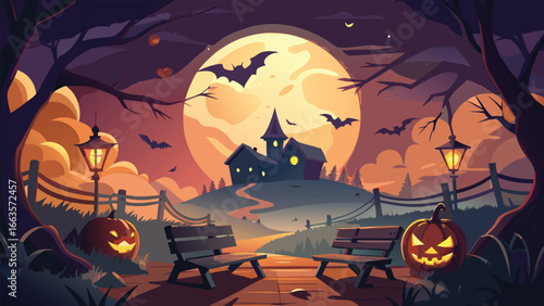 Spooky halloween scene with glowing jack o lanterns and eerie atmosphere