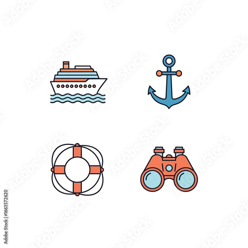 Cruise ship, anchor, life preserver and binoculars icons for travel, vacation, and adventure.