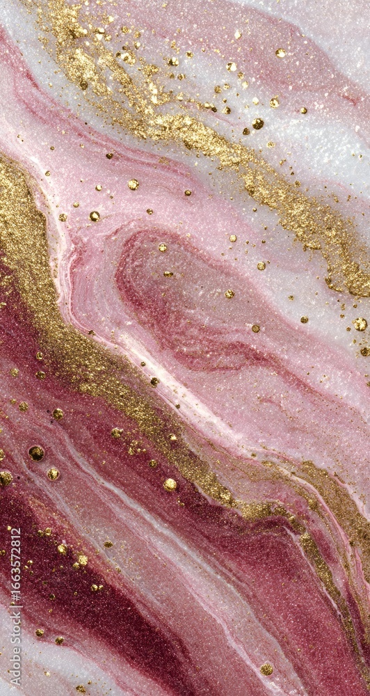 Fototapeta premium Abstract fluid art design featuring swirling patterns of blush pink, deep rose, and white, accented with gold flecks