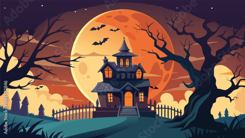 Spooky haunted house illustration under a large bright moon perfect for halloween celebrations and decor