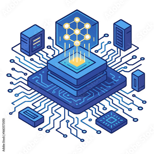 Isometric view of a central processor on a circuit board with a glowing holographic data network.
