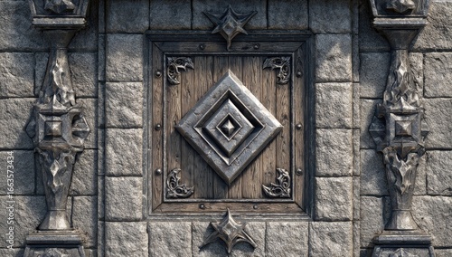 Ornate stone wall with a detailed metal and wooden inset