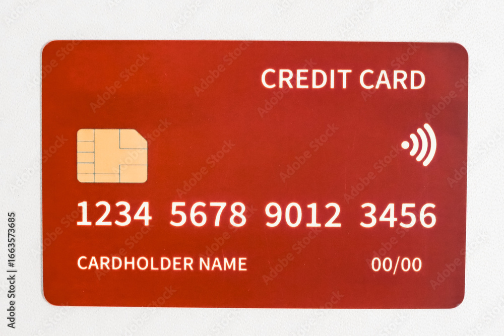 Close-up of a Red Credit Card with Chip and Contactless Payment Symbol on White Background Close-up of a Red Credit Card with Chip and Contactless Payment Symbol on White Background