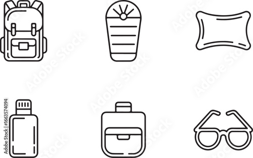 Collection of camping and hiking equipment icons isolated on white background
