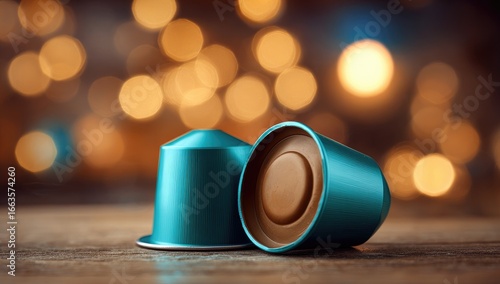 Two teal-colored coffee pods, nestled on a wooden surface, against a backdrop of warm bokeh lights