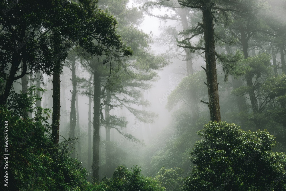 Fototapeta premium Misty forest scene with tall trees and dense foliage