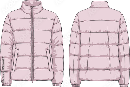 Puffer Jacket CAD Drawing – Flat Vector Illustration of Quilted Down Winter Coat with Front and Back Views in Pink
