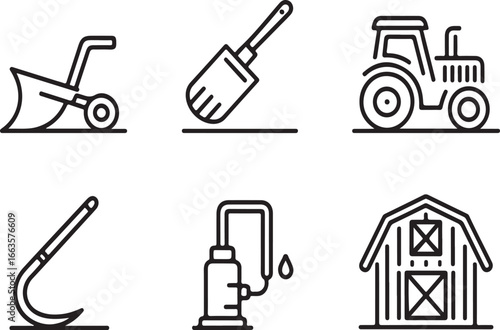 Collection of agricultural farming tools and equipment icons isolated on white background