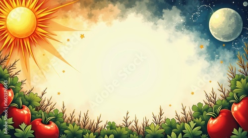 Harvest celebration of fresh vegetables in a vibrant garden day and night contrast colorful artwork