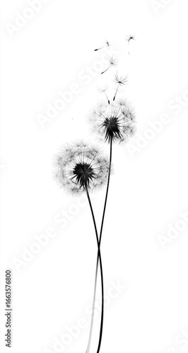 Wallpaper Mural Two dandelion seed heads, delicate and wispy, against a stark white background.  Their feathery seeds float gently upward,  suggesting lightness and freedom.  Elegant, minimalist, and impactful image Torontodigital.ca