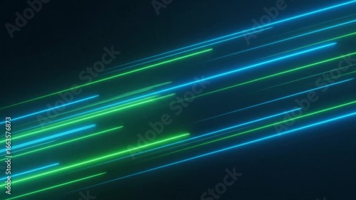 Abstract diagonal streaks of vibrant blue and green neon light against a dark background.