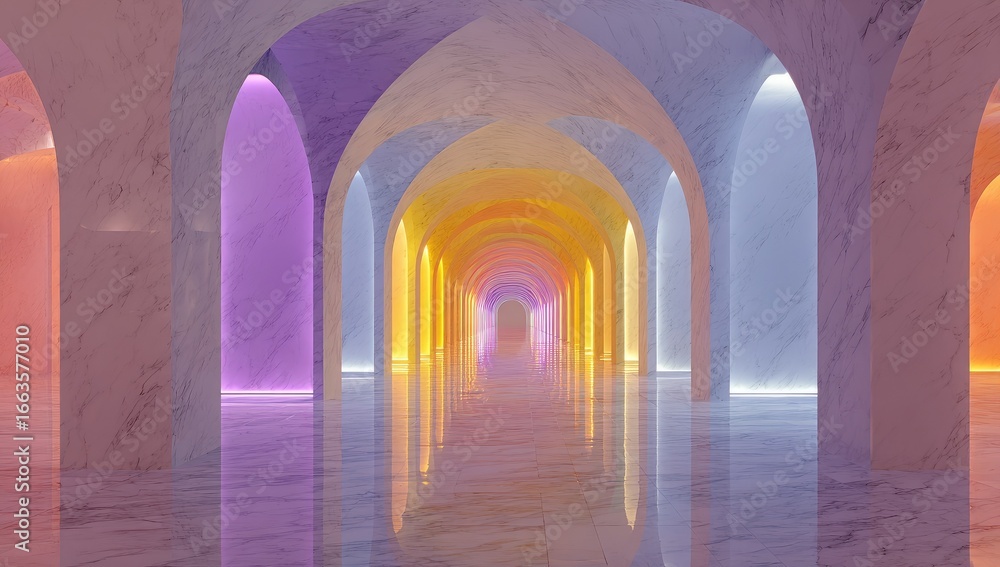 Obraz premium Colorful arched hallway with marble walls and vibrant lighting