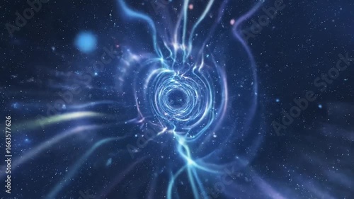 Abstract depiction of a swirling, luminous vortex with energy trails, suggesting cosmic travel.