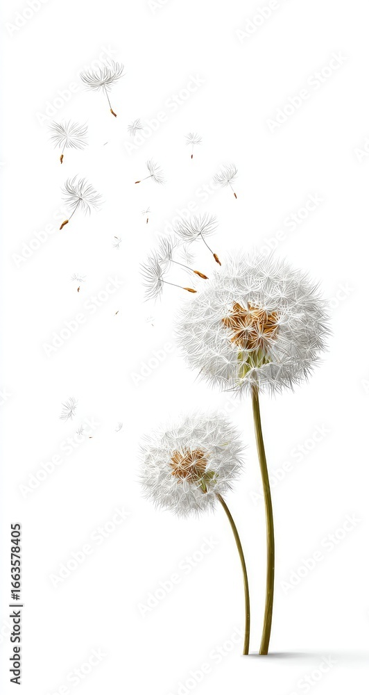 Obraz premium Two dandelion seed heads, light fluffy white, with seeds dispersing, against a plain white background