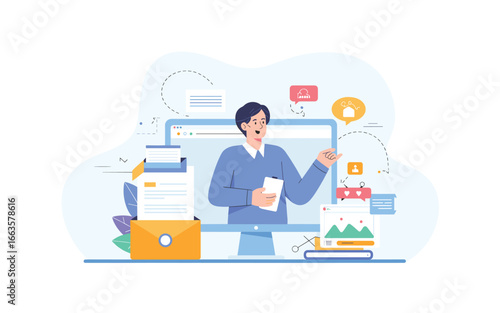 Online Business Presentation Vector Illustration: Digital Marketing, Social Media Strategy, E-commerce, and Virtual Communication for Business Growth and Success