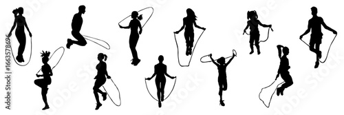 People jumping rope, black silhouette on white background, vector. Men, women and children jumping rope. Ideal for sports events, advertising, stickers