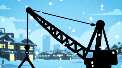Silhouette of a crane against a snowy cityscape backdrop, with buildings and falling snow creating a winter scene.