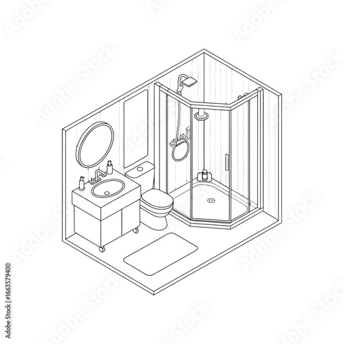 Isometric line drawing of a modern bathroom with shower and sink interior line art