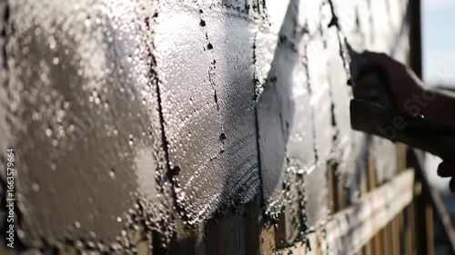 Close-up of a person applying mortar to a wall section, showcasing construction work in progress.
