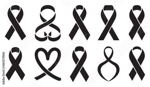 Awareness Ribbon Silhouette Vector Set | Black Ribbon Clipart Collection