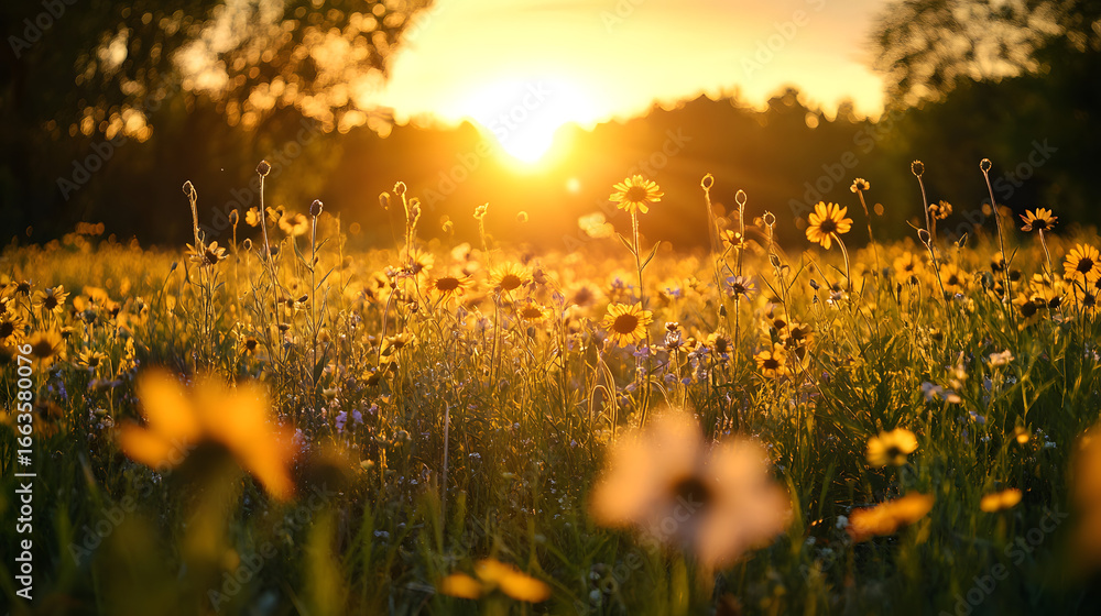 Naklejka premium A sun-drenched flower field with vivid blossoms swaying gently in the breeze.