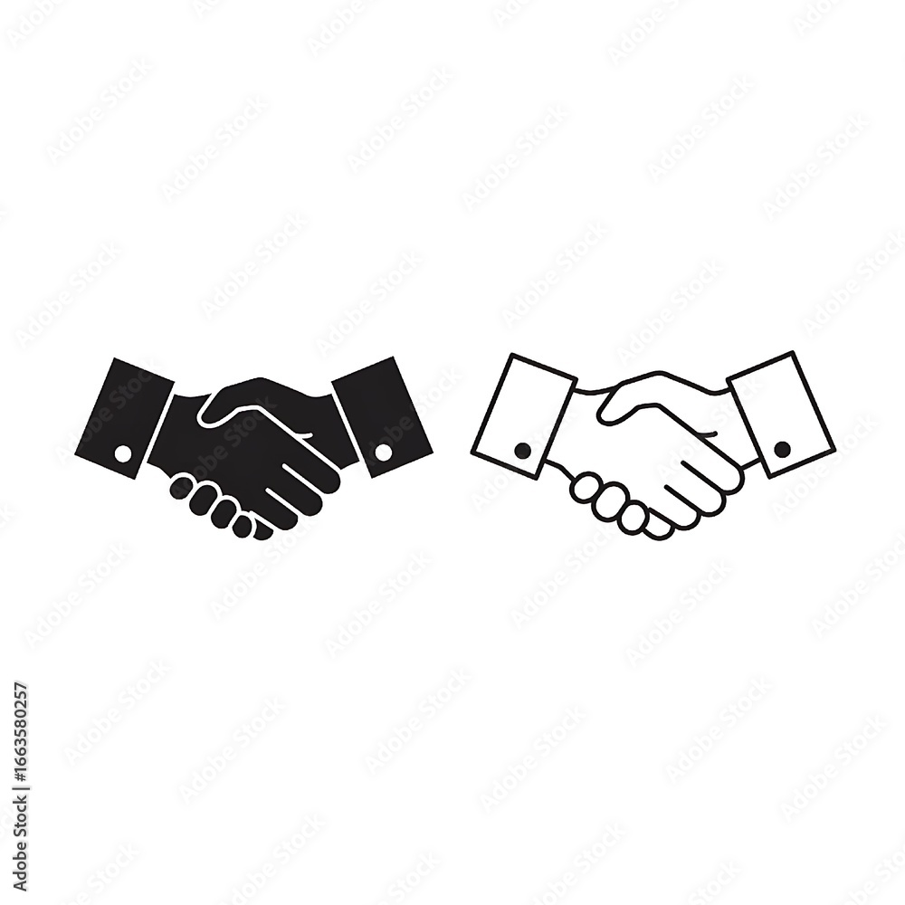 Obraz premium Black and white handshake icons victor , illustration,side by side on white background shaking hands agreement