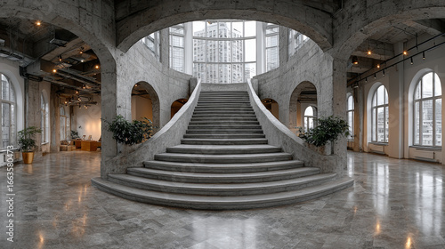 hdri 360 panorama on emergency and evacuation exit stairs in empty modern hall with columns, doors and panoramic windows in office building in spherical equirectangular projection, for AR VR content