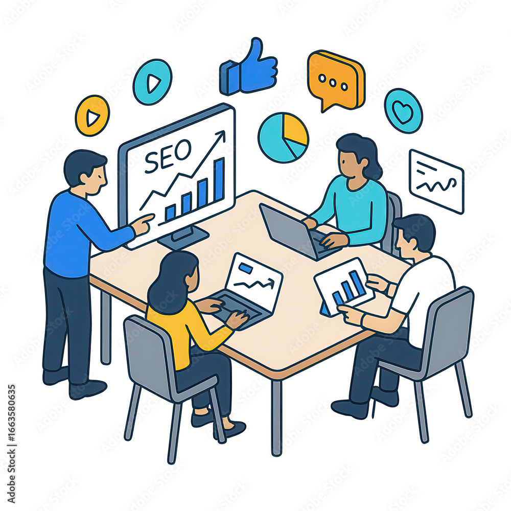 Team Collaborating on SEO Strategy with Digital Marketing Icons. Team Collaborating on SEO Strategy with Digital Marketing Icons.