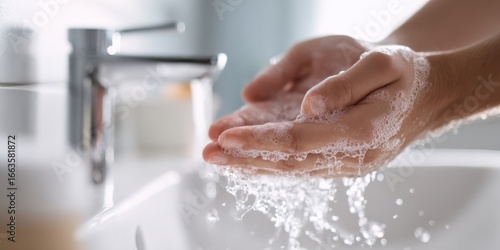 The Hands Washing with Soap Under Flowing Water in a Modern Bathroom