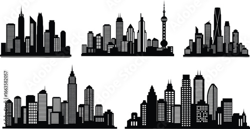 iCity skyline silhouettes, urban cityscape, skyscraper buildings, modern architecture, metropolitan view, downtown skyline, tall towers, city buildings, business 